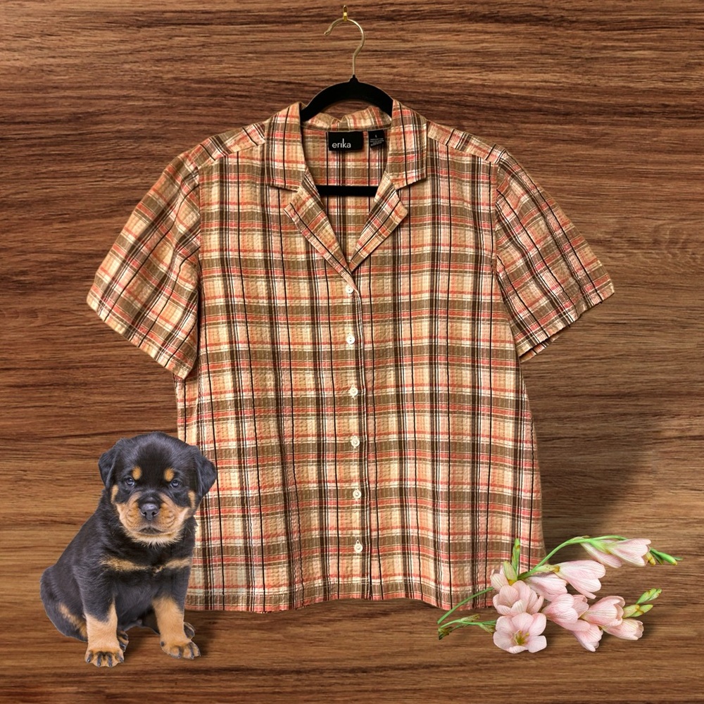 Erika Pink/Blush/Brown/Taupe/White Plaid Seersucker Cotton Shirt